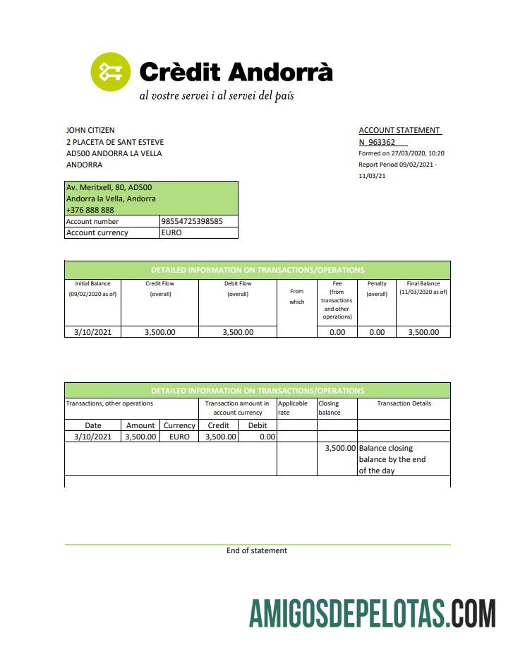 Modelo de extrato bancário de Andorra Credit Andorra em branco em formato Excel e PDF